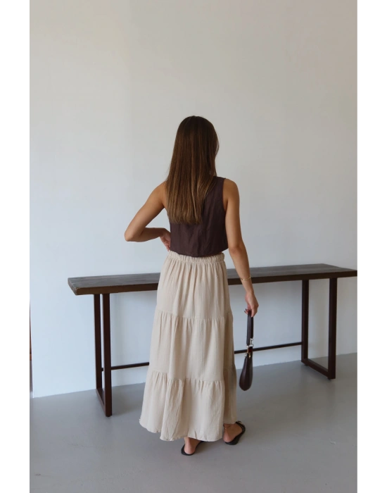 Müslin kumaş keten uzun etek bej pt