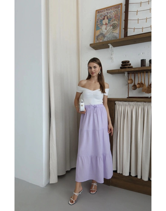 Müslin kumaş keten uzun etek lila pt