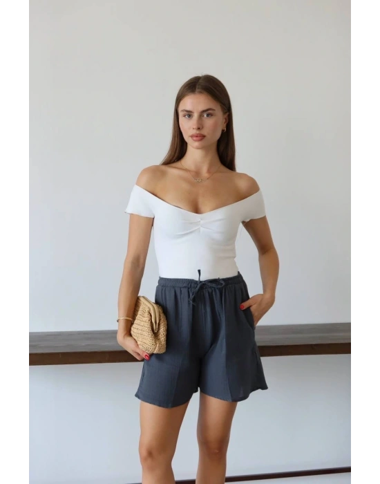 Müslin kumaş şort bağcıklı antrasit pt
