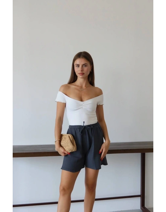 Müslin kumaş şort bağcıklı antrasit pt