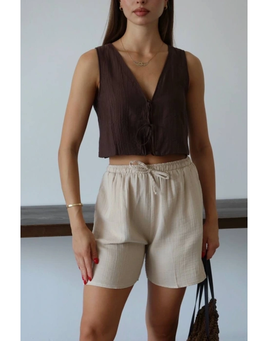 Müslin kumaş şort bağcıklı bej pt