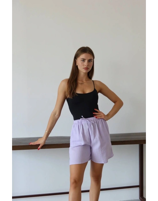Müslin kumaş şort bağcıklı lila pt