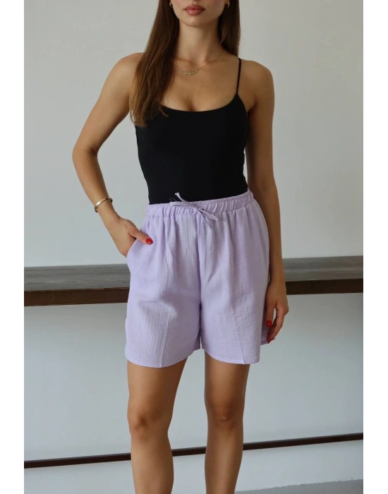 Müslin kumaş şort bağcıklı lila pt