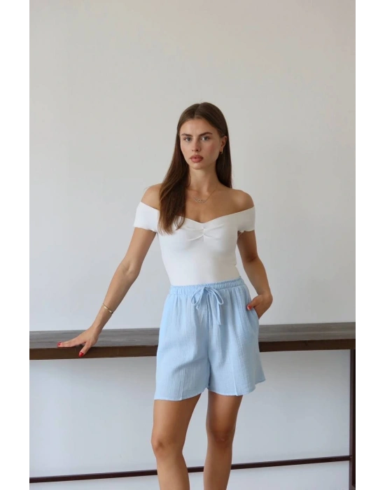 Müslin kumaş şort bağcıklı mavi pt