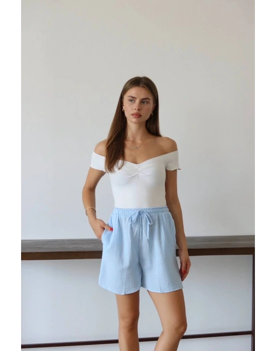 Müslin kumaş şort bağcıklı mavi pt