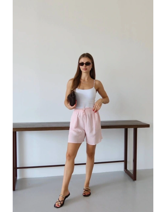 Müslin kumaş şort bağcıklı pembe pt