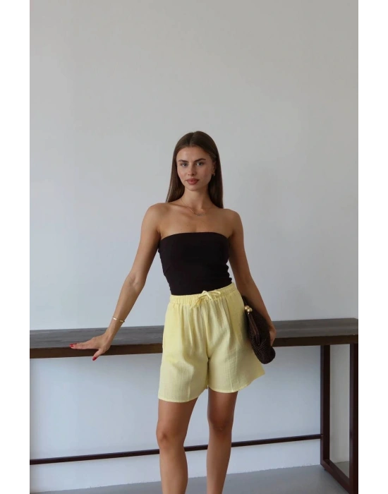Müslin kumaş şort bağcıklı sarı pt