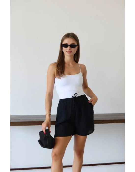 Müslin kumaş şort bağcıklı siyah pt