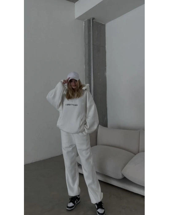 Nakış İşlemeli Üç İplik Sweat Takım- Beyaz