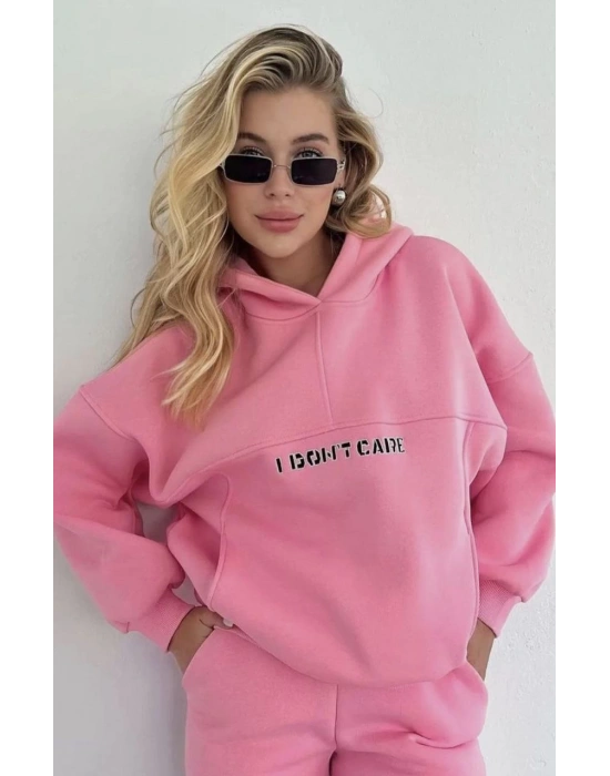 Nakış İşlemeli Üç İplik Sweat Takım- Pembe