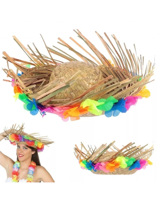 Naturel Renk Püsküllü Örme Hasır Hawaii Luau Aloha Şapka 13x36 cm