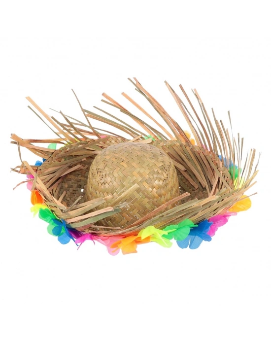 Naturel Renk Püsküllü Örme Hasır Hawaii Luau Aloha Şapka 13x36 cm