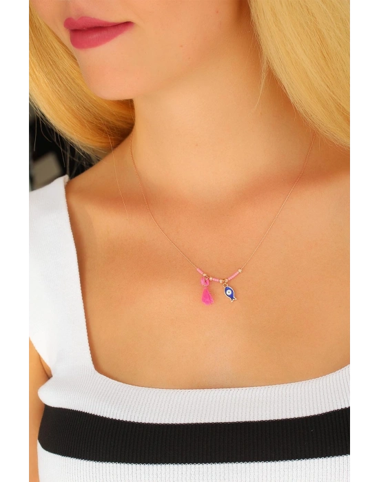 Nazar Boncuklu Pembe Renk Taşlı Rose Bayan Kolye