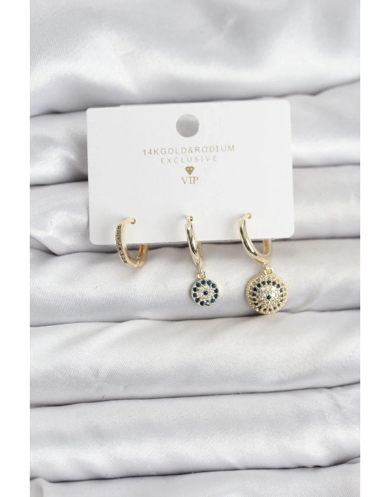 Nazar Model Gold Renk Pirinç 3lü Kadın Küpe Seti