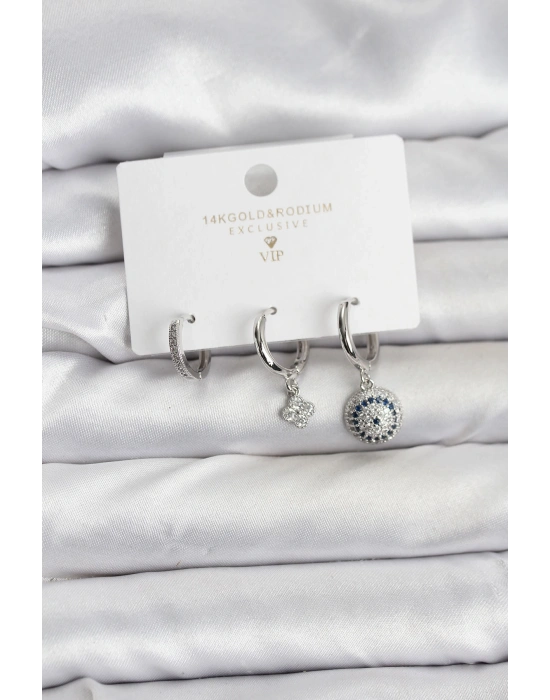 Nazar Model Gümüş Renk Pirinç 3lü Kadın Küpe Seti