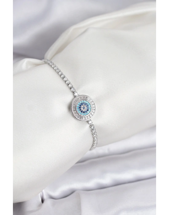 Nazar Model Zirkon Taşlı Gümüş Renk Asansörlü Su Yolu Bileklik