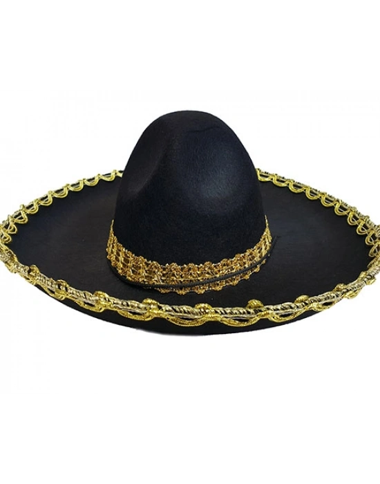 NessiWorld Altın Renk Şeritli Meksika Mariachi Latin Şapkası 55 cm Çocuk