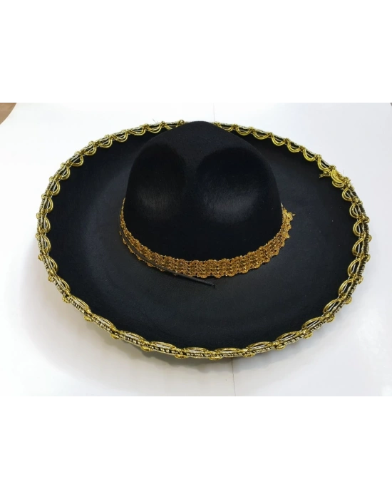 NessiWorld Altın Renk Şeritli Meksika Mariachi Latin Şapkası 55 cm Çocuk