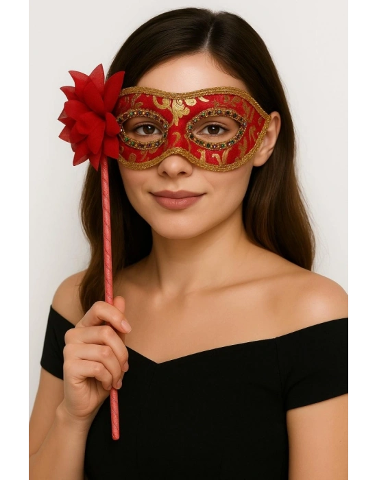 NessiWorld Lüks Saplı Maskeli Balo Maskesi Kırmızı Renk 35 cm