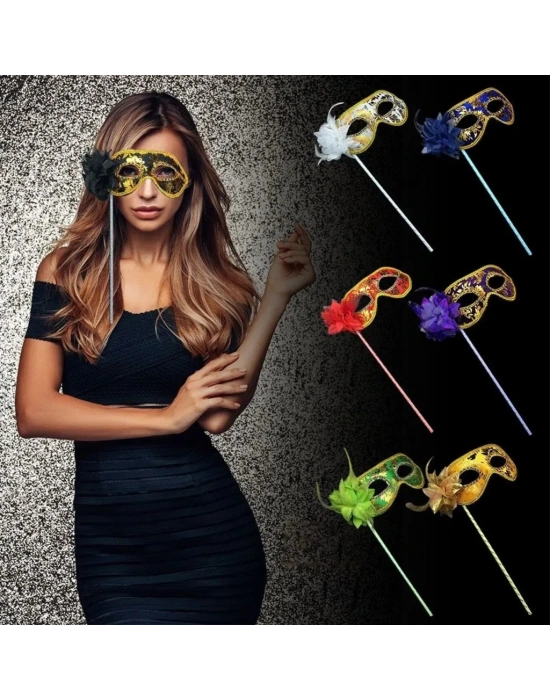 NessiWorld Lüks Taşlı Saplı Maskeli Balo Maskesi Altın Renk 35 cm