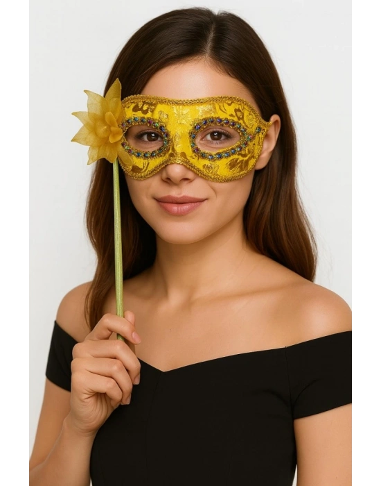 NessiWorld Lüks Taşlı Saplı Maskeli Balo Maskesi Altın Renk 35 cm