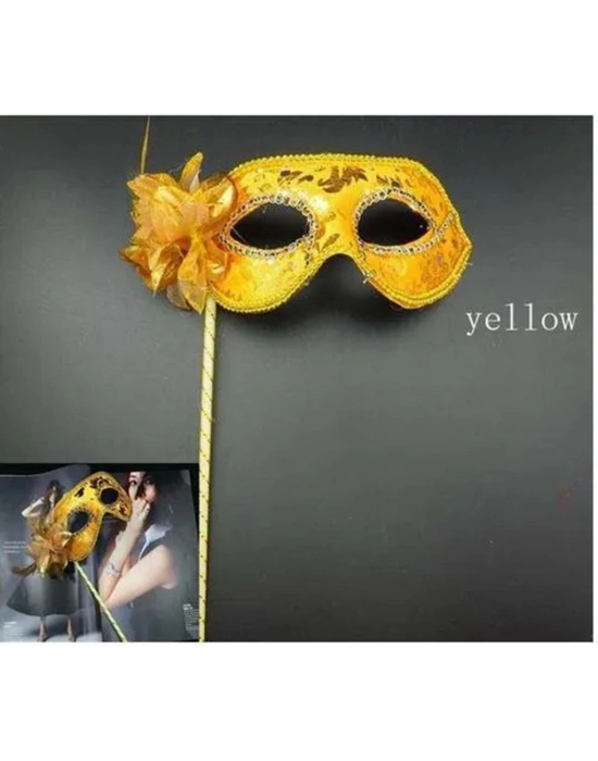 NessiWorld Lüks Taşlı Saplı Maskeli Balo Maskesi Altın Renk 35 cm