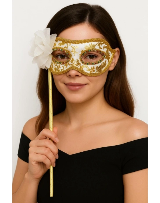 NessiWorld Lüks Taşlı Saplı Maskeli Balo Maskesi Beyaz Renk 35 cm