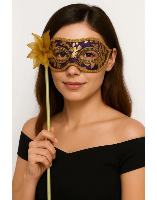 NessiWorld Lüks Taşlı Saplı Maskeli Balo Maskesi Mor Renk 35 cm