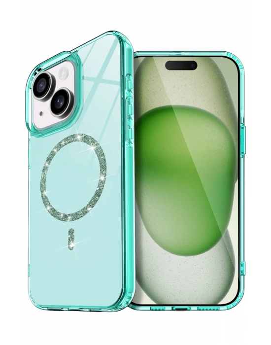 Newface Apple iPhone 15 Plus Live Diamond Magsafe Kapak - Yeşil