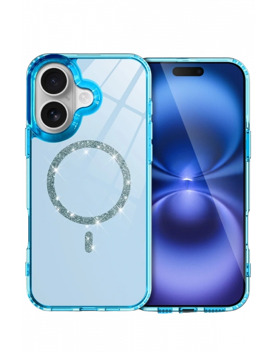 Newface Apple iPhone 16 Plus Live Diamond Magsafe Kapak - Mavi