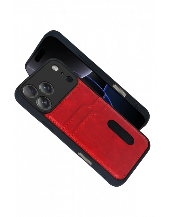 Newface Apple iPhone 17 Pro Max Sara Kartvizitli Deri Kılıf - Kırmızı