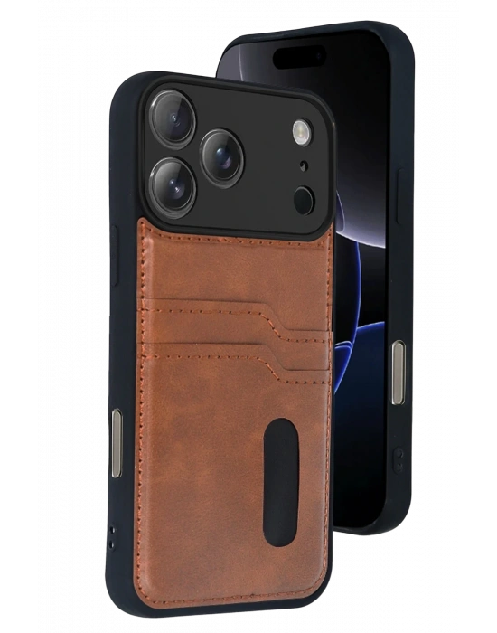 Newface Apple iPhone 17 Pro Max Sara Kartvizitli Deri Kılıf - Taba