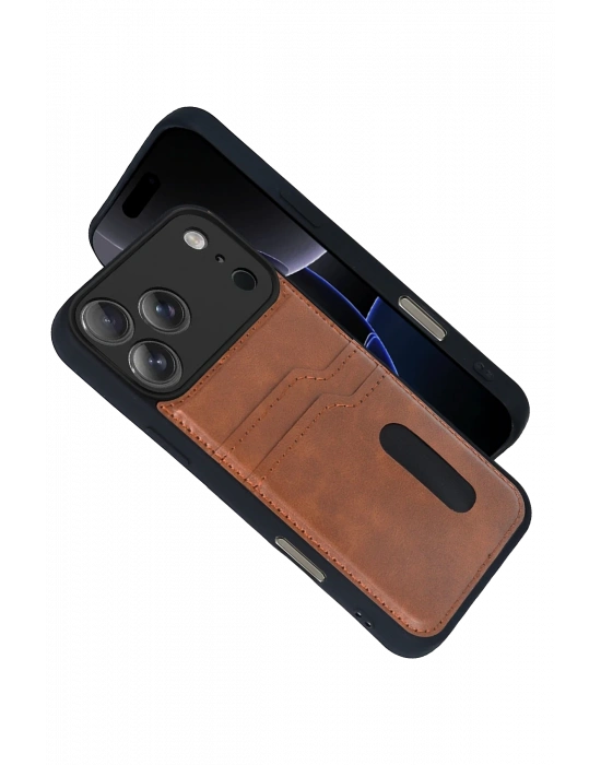 Newface Apple iPhone 17 Pro Max Sara Kartvizitli Deri Kılıf - Taba