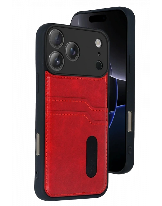 Newface Apple iPhone 17 Pro Sara Kartvizitli Deri Kılıf - Kırmızı
