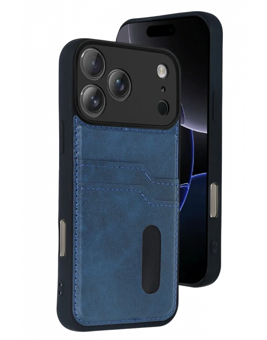 Newface Apple iPhone 17 Pro Sara Kartvizitli Deri Kılıf - Lacivert