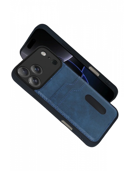 Newface Apple iPhone 17 Pro Sara Kartvizitli Deri Kılıf - Lacivert