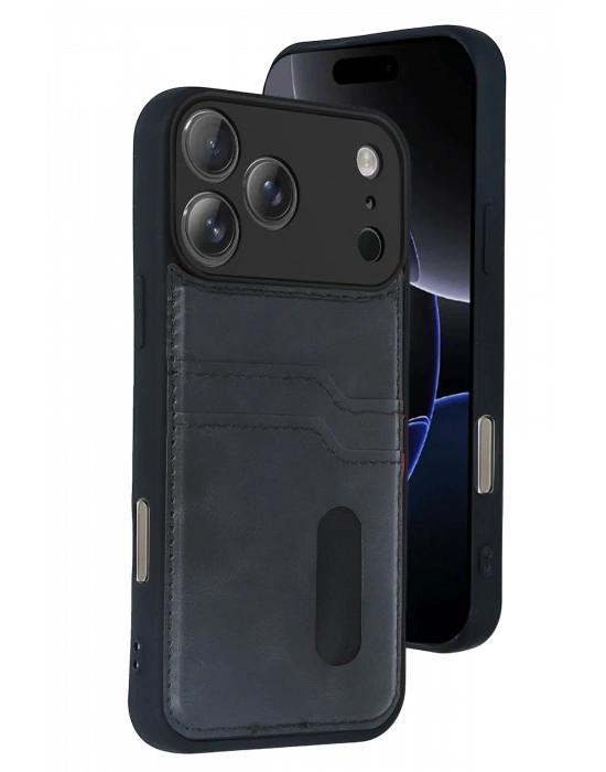 Newface Apple iPhone 17 Pro Sara Kartvizitli Deri Kılıf - Siyah