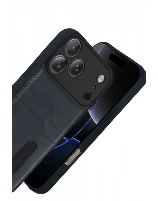 Newface Apple iPhone 17 Pro Sara Kartvizitli Deri Kılıf - Siyah