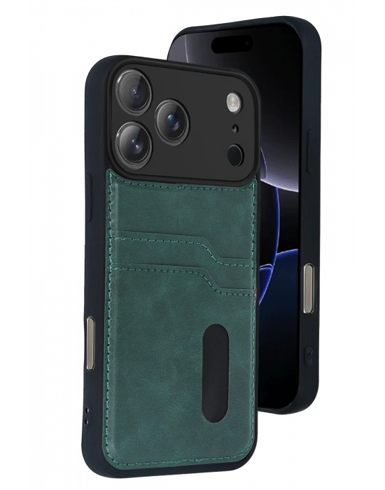 Newface Apple iPhone 17 Pro Sara Kartvizitli Deri Kılıf - Yeşil