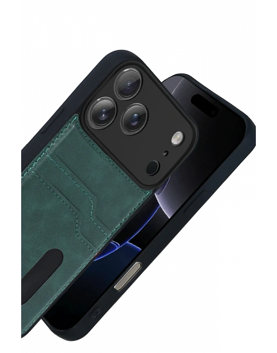Newface Apple iPhone 17 Pro Sara Kartvizitli Deri Kılıf - Yeşil