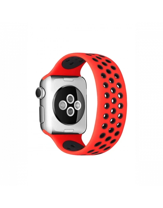 Newface Apple Watch 38mm Ayarlı Delikli Silikon Kordon - Kırmızı-Siyah