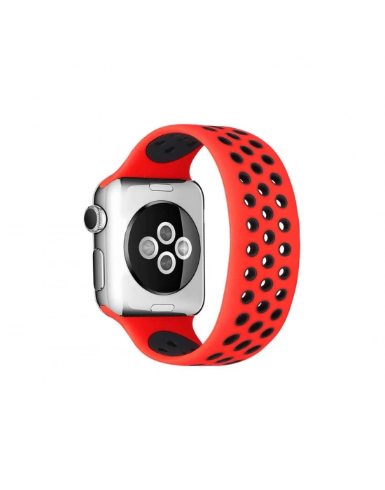 Newface Apple Watch 38mm Ayarlı Delikli Silikon Kordon - Kırmızı-Siyah