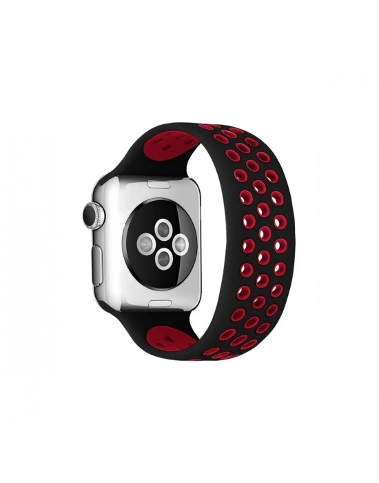 Newface Apple Watch 38mm Ayarlı Delikli Silikon Kordon - Siyah-Kırmızı