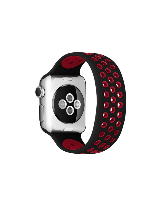 Newface Apple Watch 38mm Ayarlı Delikli Silikon Kordon - Siyah-Kırmızı