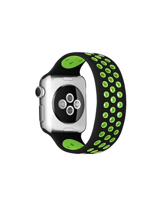 Newface Apple Watch 38mm Ayarlı Delikli Silikon Kordon - Siyah-Yeşil