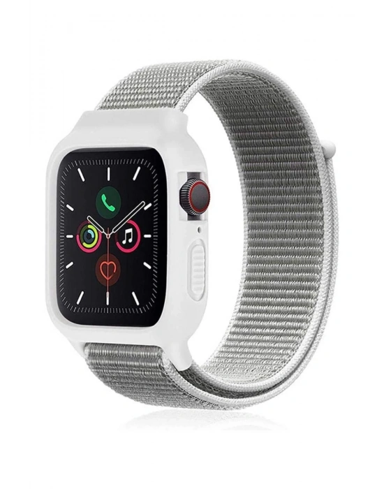 Newface Apple Watch 38mm Hasırlı Cırtcırtlı Kasalı Kordon - Beyaz