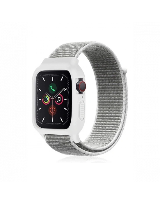 Newface Apple Watch 38mm Hasırlı Cırtcırtlı Kasalı Kordon - Beyaz