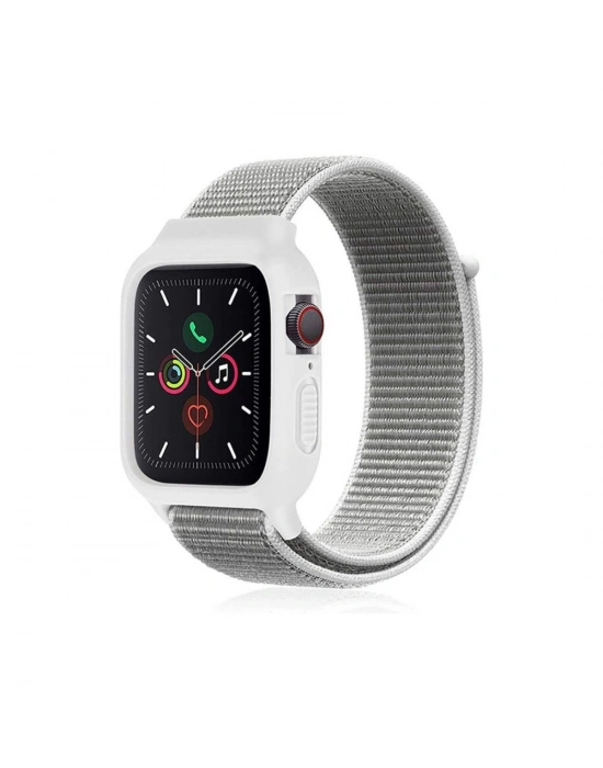 Newface Apple Watch 38mm Hasırlı Cırtcırtlı Kasalı Kordon - Beyaz