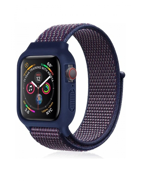 Newface Apple Watch 38mm Hasırlı Cırtcırtlı Kasalı Kordon - Lacivert-Mürdüm