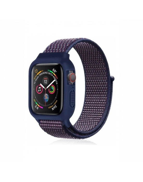Newface Apple Watch 38mm Hasırlı Cırtcırtlı Kasalı Kordon - Lacivert-Mürdüm